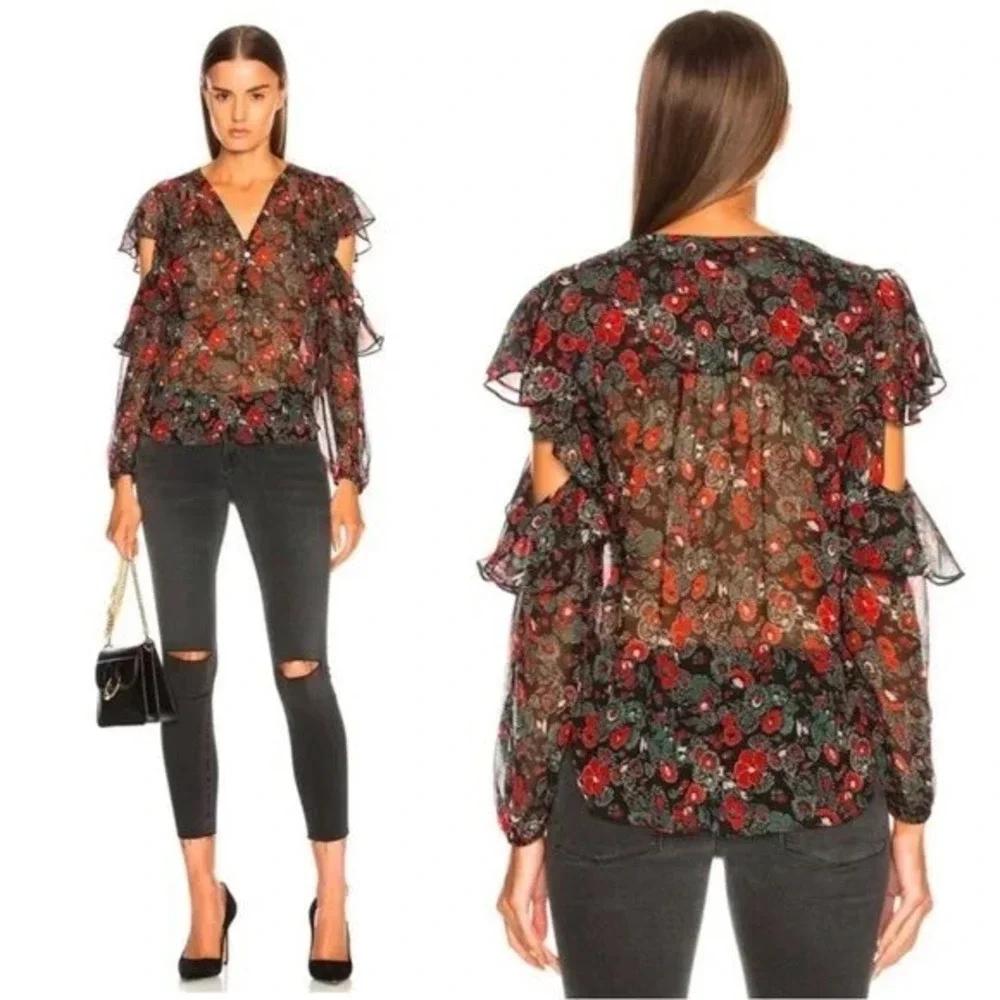 Veronica Beard Floral Print Cold Shoulder‎ Ruffle Sleeve Blouse Top size 10